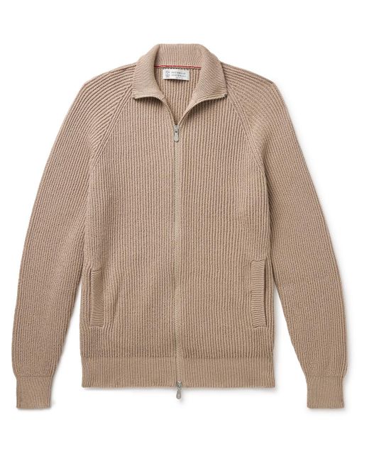 Brunello Cucinelli Natural Ribbed Cotton Zip-up Sweater for men