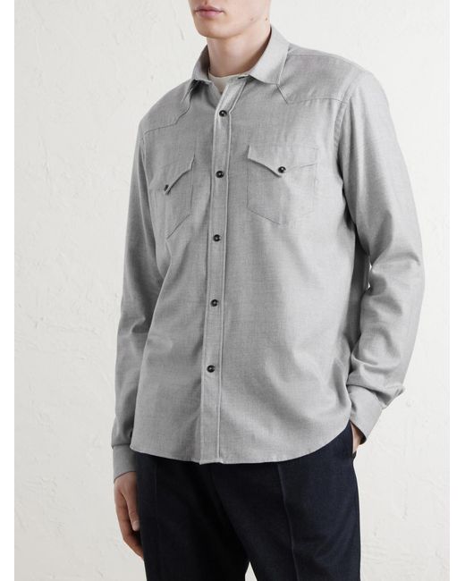 Canali White Lyocell And Cotton-Blend Herringbone Shirt for men
