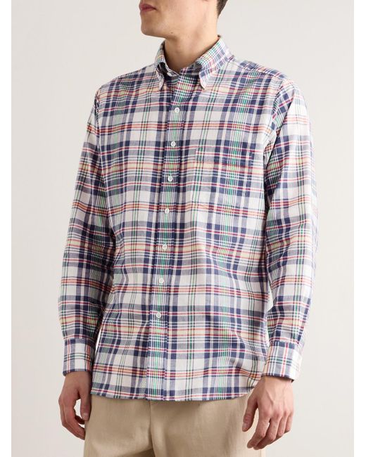 Drake's White Button-down Collar Checked Cotton-madras Shirt for men