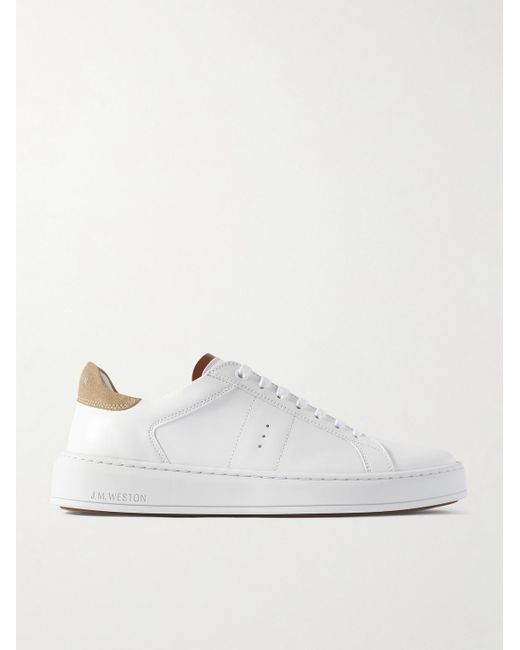 J.M. Weston White On Time Suede-trimmed Leather Sneakers for men