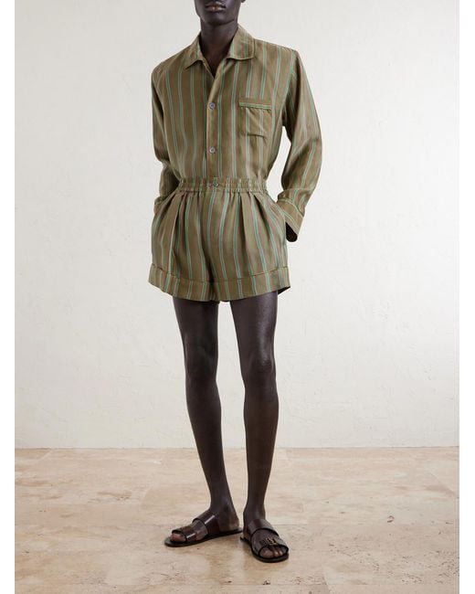 Saint Laurent Green Wide-leg Piped Pleated Striped Recycled-twill Shorts for men