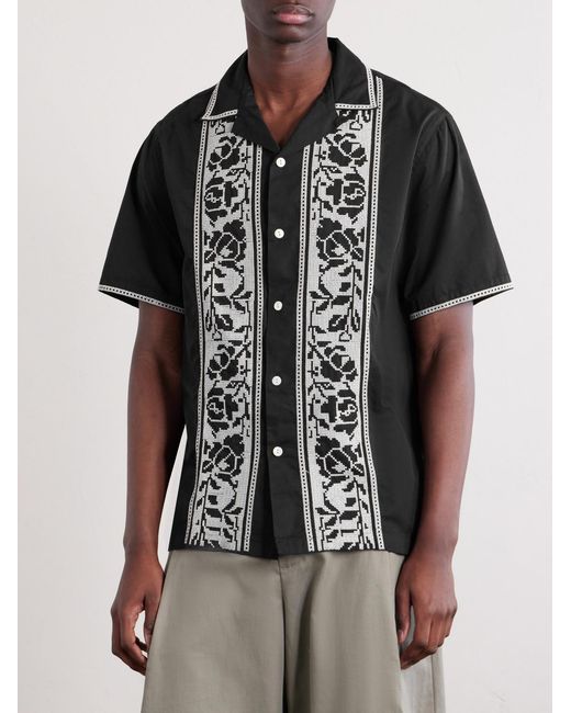 Portuguese Flannel Black Convertible-Collar Embroidered Cotton Shirt for men