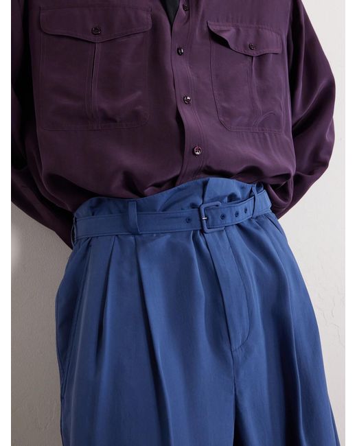 Saint Laurent Blue Tapered Belted Pleated Silk Trousers for men