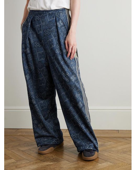 Kapital Blue Wide-Leg Striped Webbing-Trimmed Bandana-Print Tech-Jersey Track Pants for men