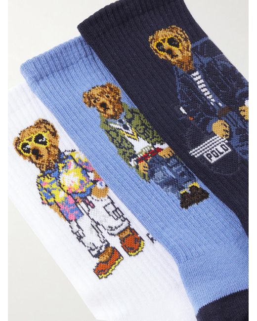 Polo Ralph Lauren Blue Three-pack Ribbed Jacquard-knit Cotton-blend Socks for men