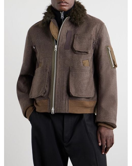 Sacai Brown Melton Plush-Trimmed Wool Blouson Jacket for men