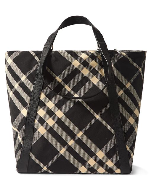 Burberry Black Large Leather-trimmed Checked Jacquard Tote Bag for men