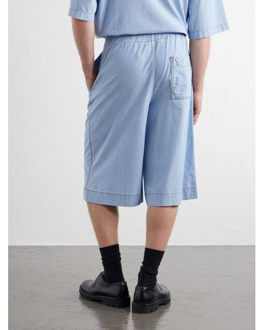AMI Blue Straight-Leg Logo-Embroidred Cotton-Chambray Shorts for men
