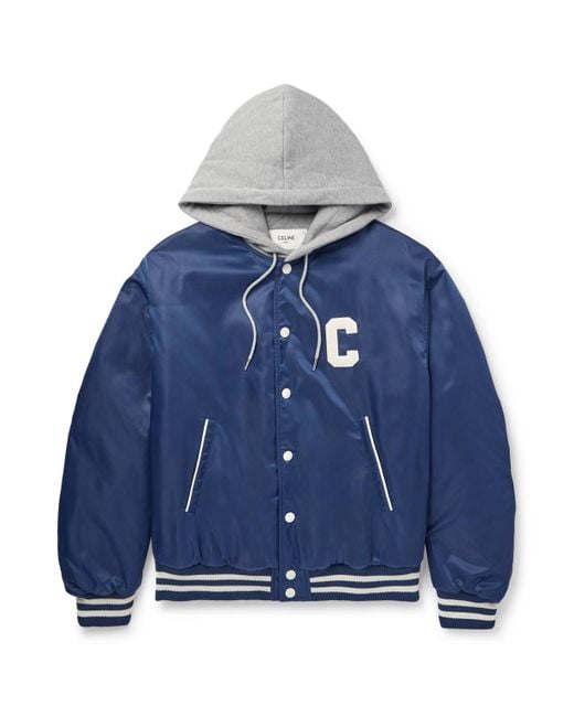 Céline Blue Teddy Logo-Appliquéd Cotton-Jersey And Shell Hooded Bomber Jacket for men