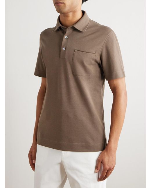 Zegna Brown Slim-fit Leather-trimmed Cotton-piqué Polo Shirt for men
