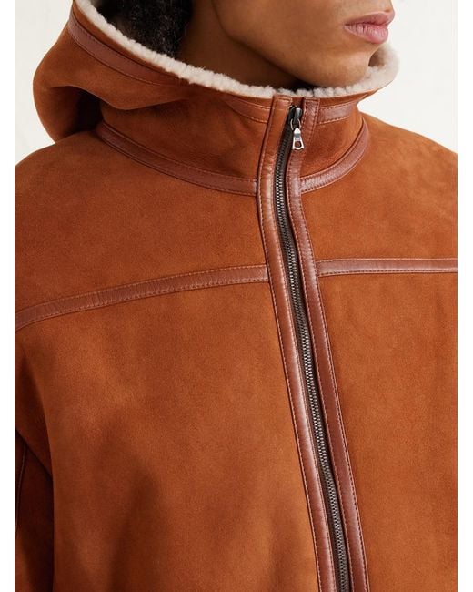 The Elder Statesman Brown Leather-Trimmed Shearling Hooded Jacket for men