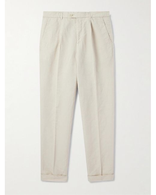 Pantaloni a gamba dritta in misto lino e cotone con pinces di Brunello Cucinelli in White da Uomo