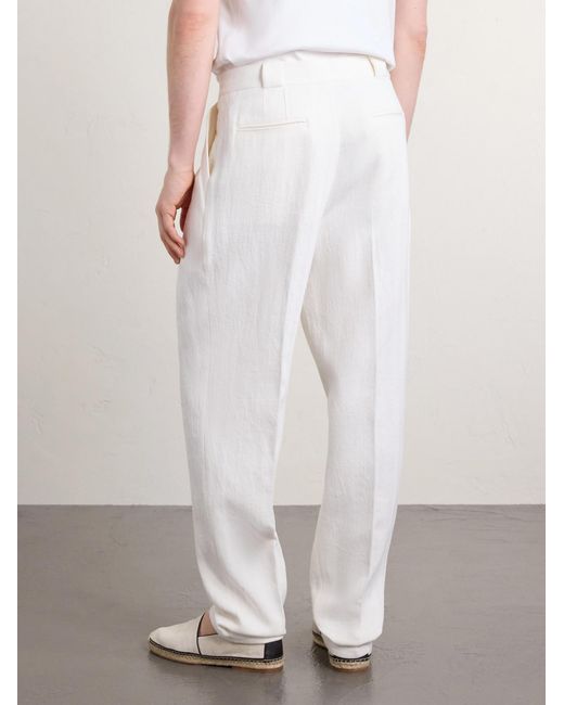 Brunello Cucinelli White Straight-Leg Pleated Herringbone Cotton And Linen-Blend Trousers for men