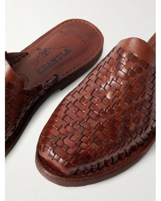 Yuketen Brown Chamula Polanco Woven Leather Mules for men