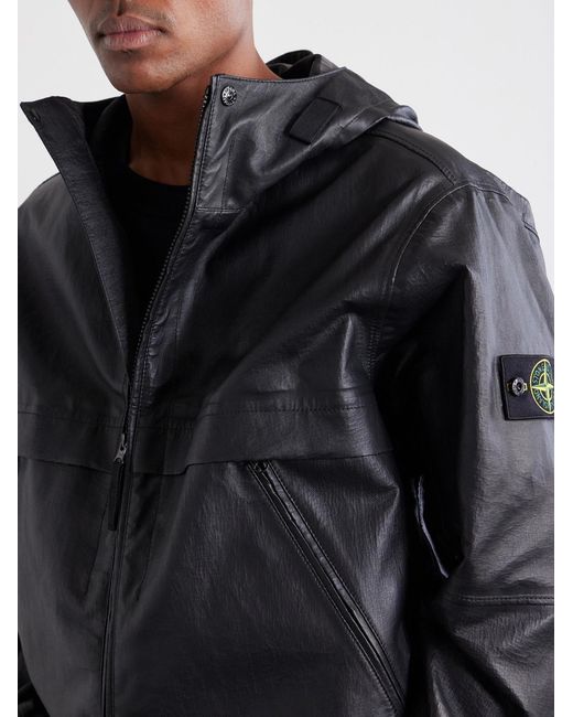Stone Island Black Logo-Appliquéd Leather Hooded Jacket for men