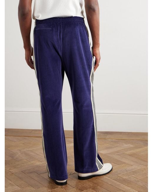 Needles Blue Flared Webbing-trimmed Logo-embroidered Cotton-blend Velour Track Pants for men