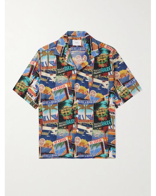 Camicia in twill di seta stampata con colletto aperto Postcard di Rhude in Blue da Uomo