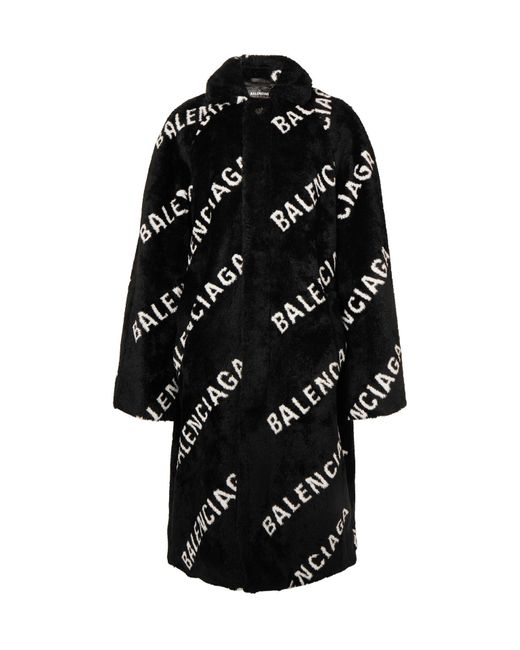 Balenciaga Black Oversized Logo-print Faux-fur Coat for men