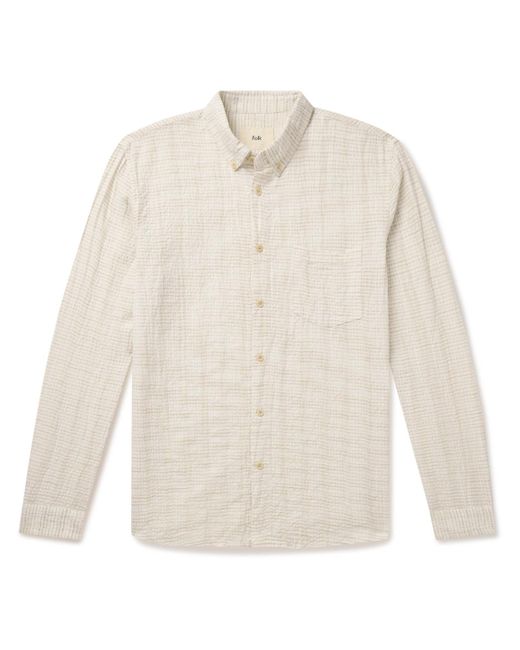 Folk White Button-down Collar Striped Cotton And Linen-blend Seersucker Shirt for men