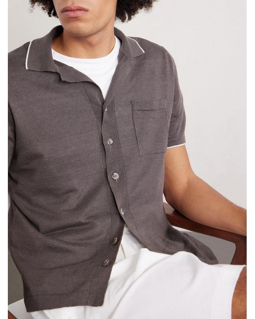 Fedeli Brown Camp-collar Contrast-tipped Linen And Cotton-blend Shirt for men