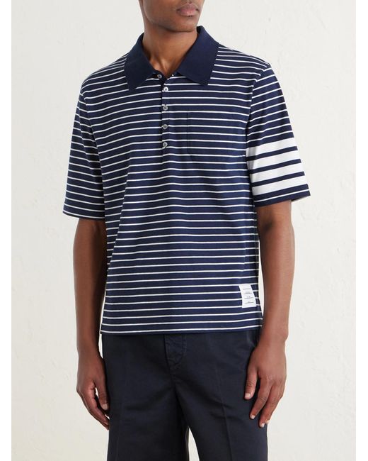 Thom Browne Blue Striped Logo-Appliqué Cotton-Blend Terry Polo Shirt for men