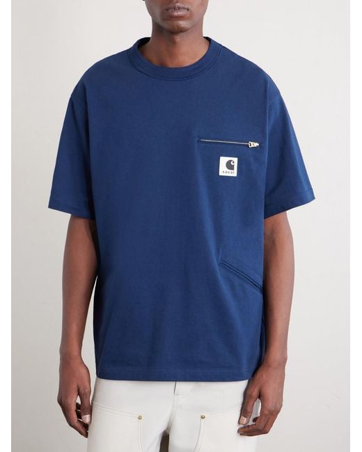 Sacai Blue Carhartt Wip Logo-Appliquéd Cotton-Jersey T-Shirt for men