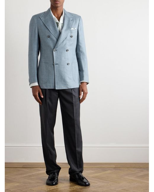 Brioni Blue Double-Breasted Silk, Cashmere And Linen-Blend Suit Jacket for men