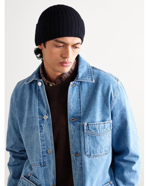 Drake's Blue Ribbed Wool Beanie for men