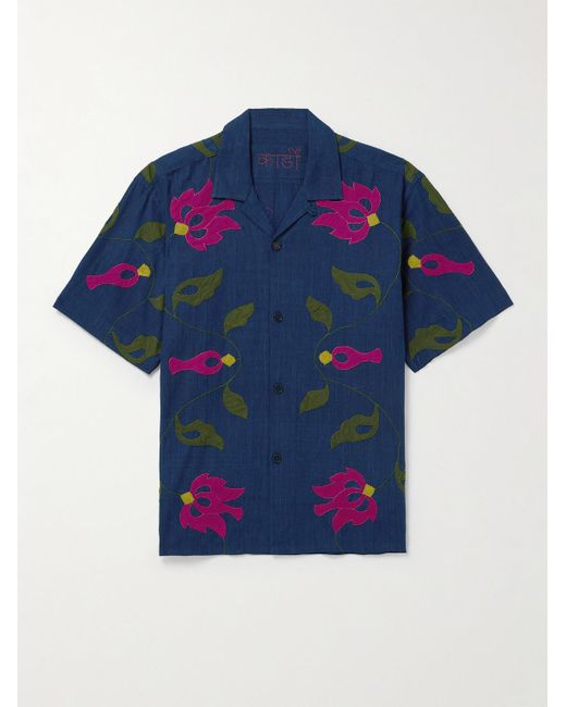 Kardo Blue Convertible-collar Appliquéd Embroidered Cotton Shirt for men