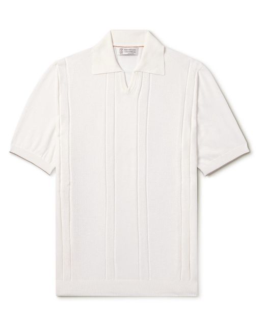 Brunello Cucinelli White Honeycomb-knit Cotton Polo Shirt for men