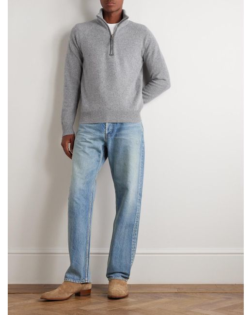 Tom Ford Gray Leather-Trimmed Wool And Cashmere-Blend Half-Zip Rollneck Sweater for men