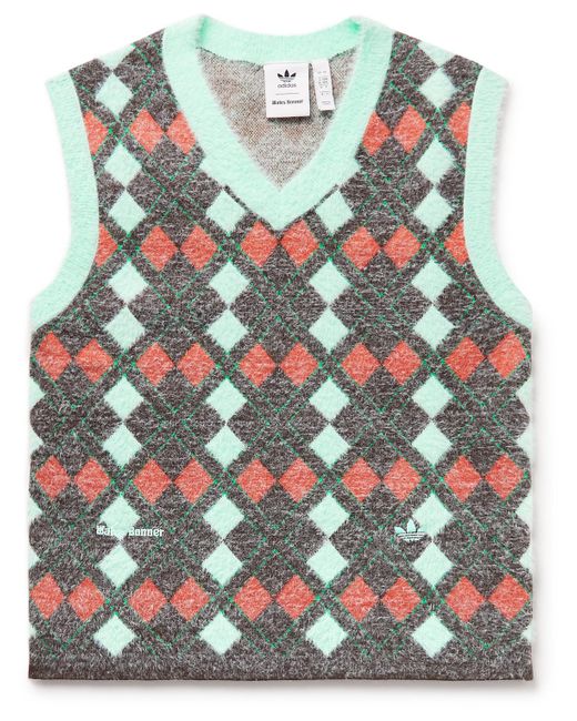 Adidas Originals Gray Wales Bonner Argyle Brushed Recycled Jacquard-knit Sweater Vest for men