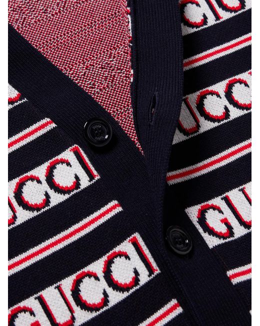 Cardigan in cotone a righe con logo jacquard di Gucci in Blue da Uomo