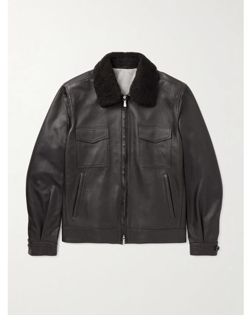 Shearling-Trimmed Leather Bomber Jacket di Eleventy in Black da Uomo