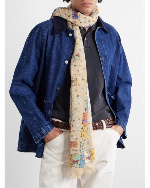 Drake's Natural Frayed Printed Wool And Silk-Blend Scarf for men