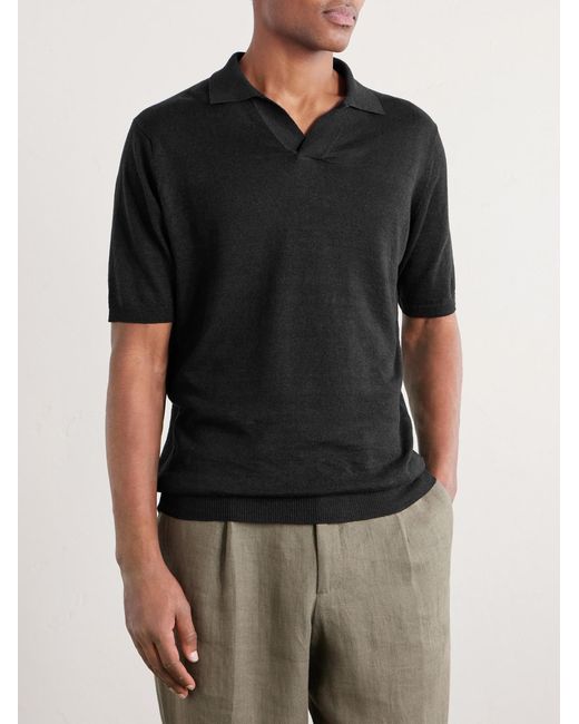 Thom Sweeney Black Linen And Cotton-blend Polo Shirt for men