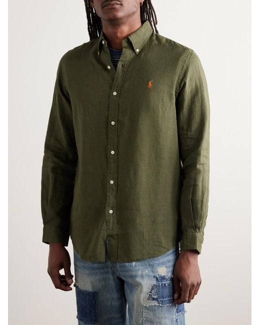 Polo Ralph Lauren Hemd aus Leinen mit Logostickerei und Button-Down-Kragen in Green für Herren