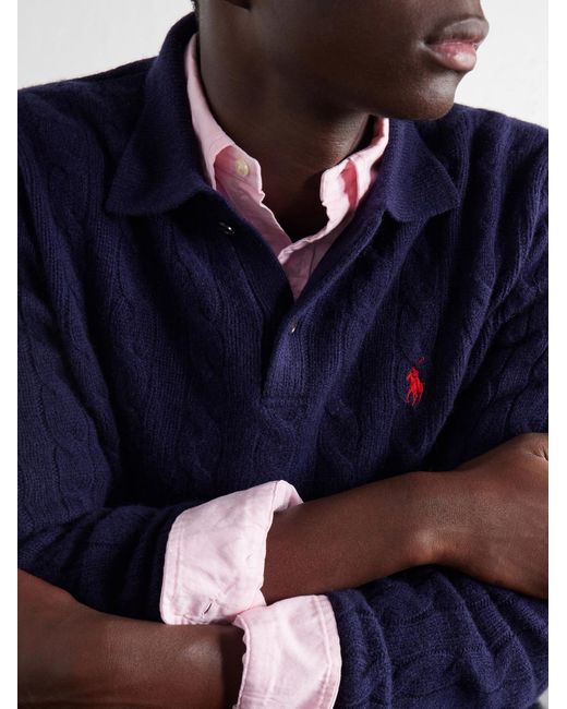 Polo Ralph Lauren Blue Cable-Knit Wool And Cashmere-Blend Polo Sweater for men