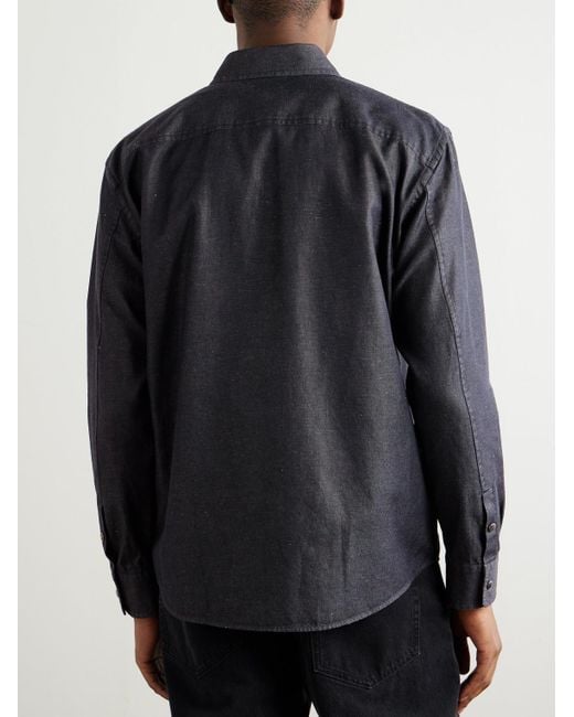 Zegna Blue Slim-Fit Cotton And Linen-Blend Twill Shirt for men