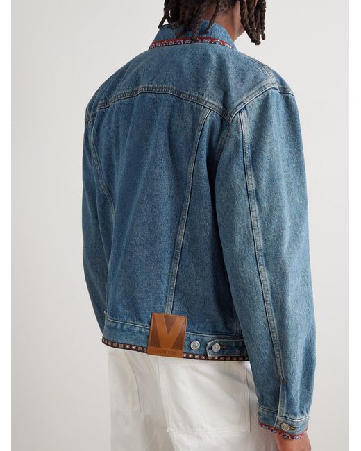 Valentino Garavani Blue Bead-Embellished Floral-Trimmed Denim Jacket for men