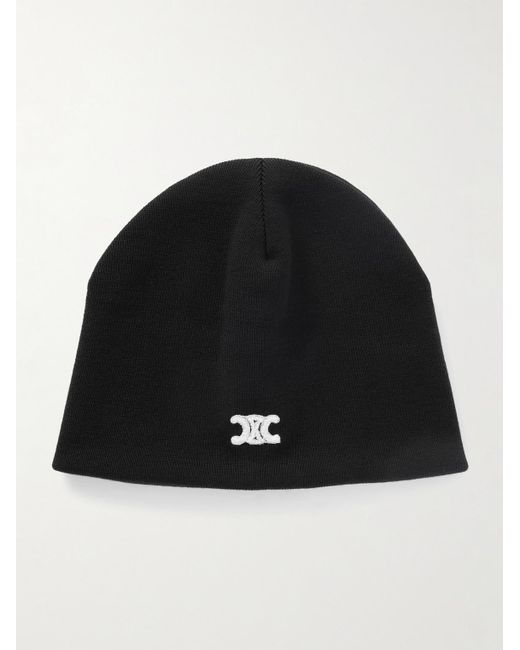 Céline Black Triomphe Logo-Embroidered Wool Beanie
