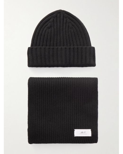Ribbed Cashmere Beanie And Scarf Set di Mr P. in Black da Uomo