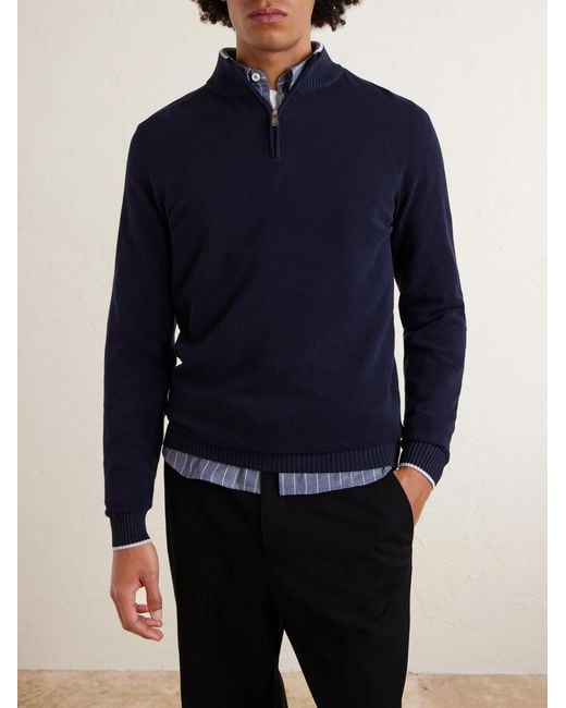 Fedeli Blue Cotton-piqué Half-zip Sweater for men