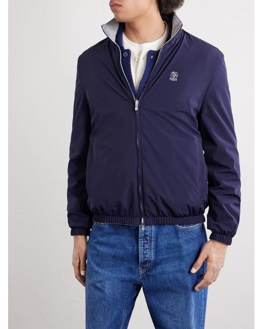 Brunello Cucinelli Blue Logo-Embroidered Shell Blouson Jacket for men