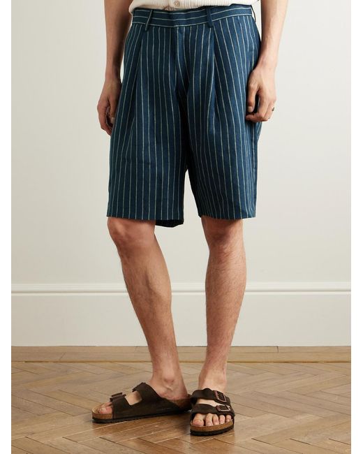 NN07 Blue Kay 1455 Straight-Leg Pleated Striped Linen Shorts for men