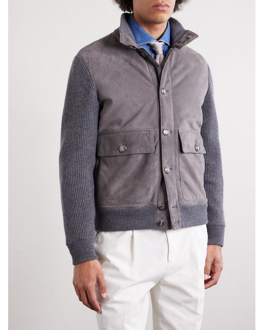 Brunello Cucinelli Gray Suede And Knitted Cashmere Jacket for men