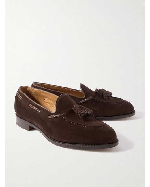 Edward Green Brown Belgravia Tasseled Leather-Trimmed Suede Loafers for men
