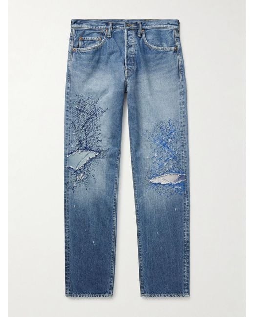Kapital Blue Monkey Cisco Straight-leg Distressed Embroidered Jeans for men