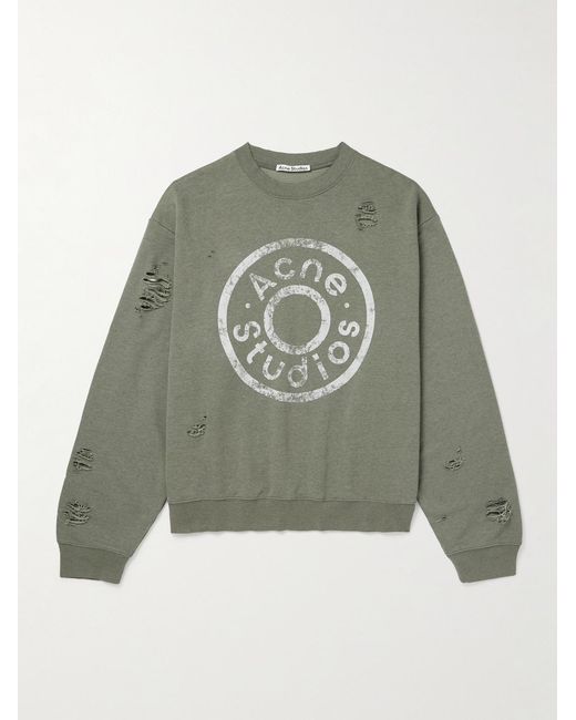 Acne Green Franziska Oversized Logo-Print Distressed Cotton-Blend Jersey Sweatshirt for men