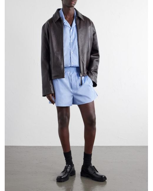 AMI Blue Straight-Leg Embroidered Cotton-Poplin Shorts for men